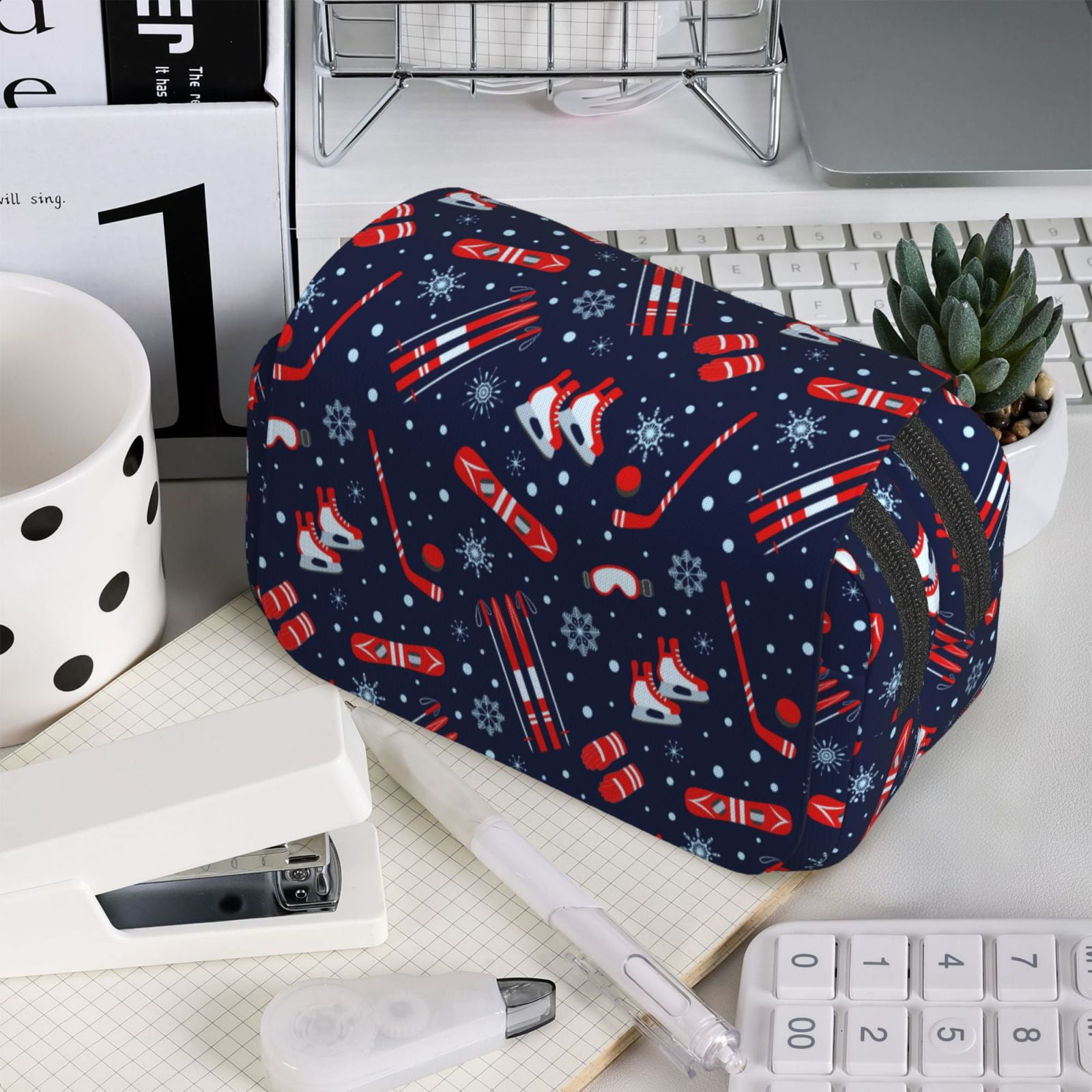 Rateoe Winter Sports Fun Pattern Pattern Double Clamshell Pen Case, Storage Organizer with Two Zipper Compartments– Holds Up to 50 Pencils & Pens