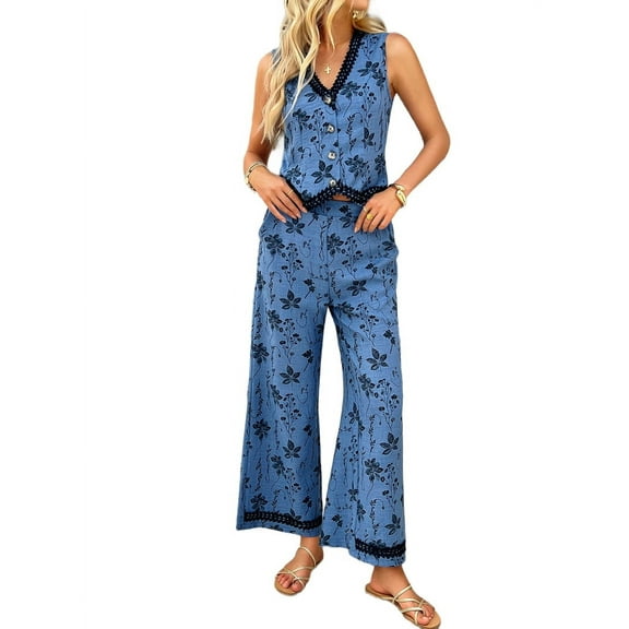 Womens Two Piece Sets Summer Vacation Outfits Button Down Resort Wear 2025 Long Matching Sets Denim Blue S