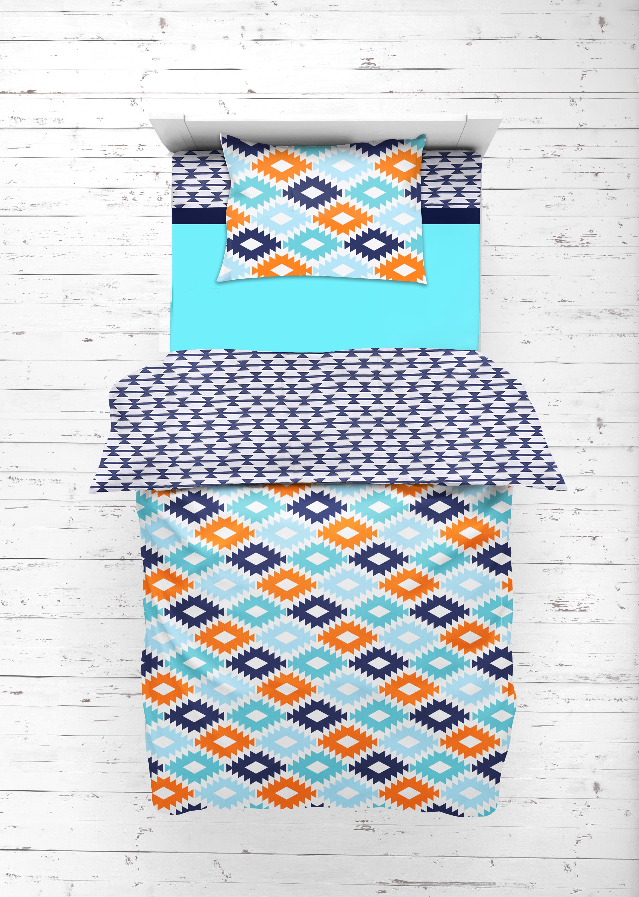 Bacati - Liam Aztec 3-Piece 100% Cotton Percale Toddler Sheet Set, Aqua/Orange/Navy