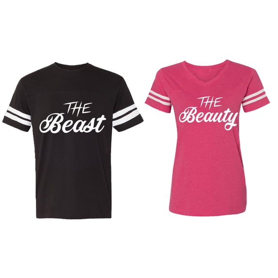 The Beast The Beauty Matching Couple Cotton Jerseys (Men Black / Women Pink) (Men M / Women L)