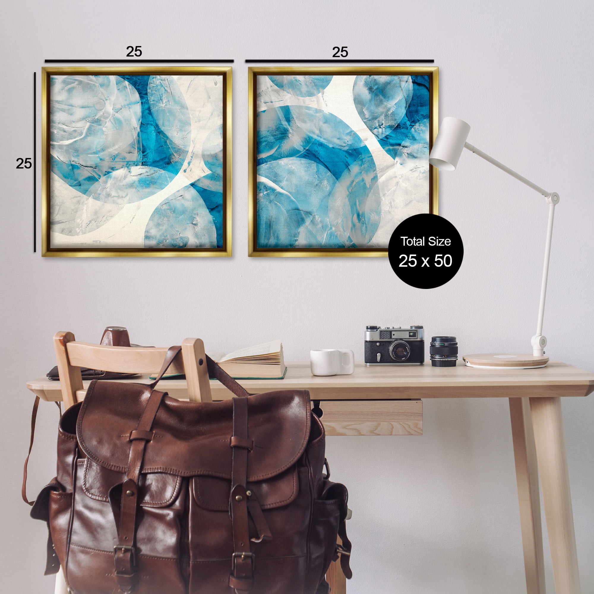Stupell Industries Abstract Teal Cream Circles Abstract Painting Gold Floater Framed Canvas Art Print Wall Art, 25 x 25, Set of 2