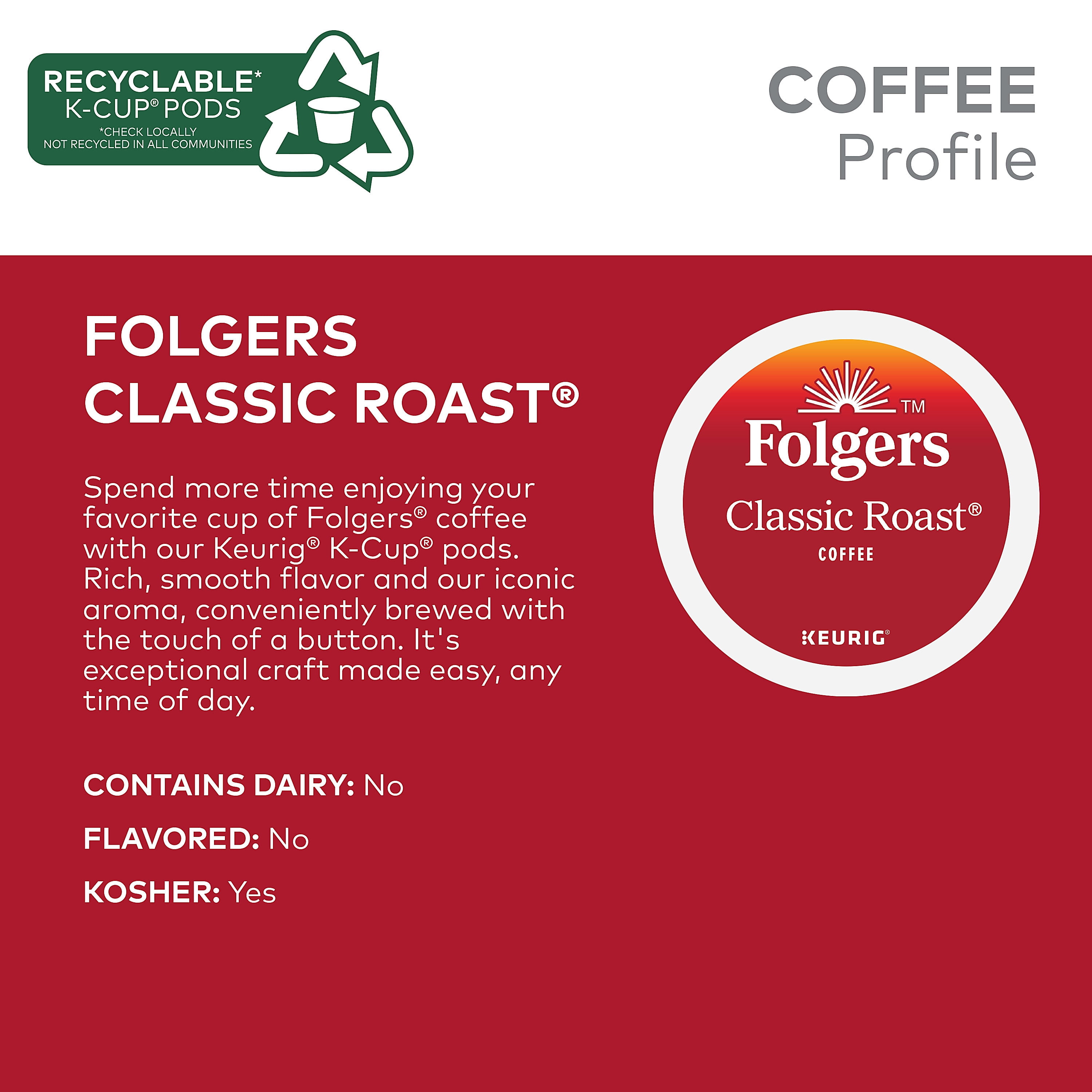 (4 pack) Folgers Classic Roast, Medium Roast Coffee, Keurig K Cup Pods, 24 Count Box