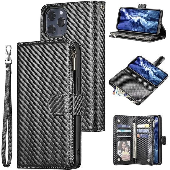 Wallet Case for iPhone 12 Pro Max 6.7 inch, Premium PU Leather Magnetic Closure Handbag Zipper Pocket Case Kickstand Card Slots with Hand Strap Shockproof Flip Case - Carbon Black