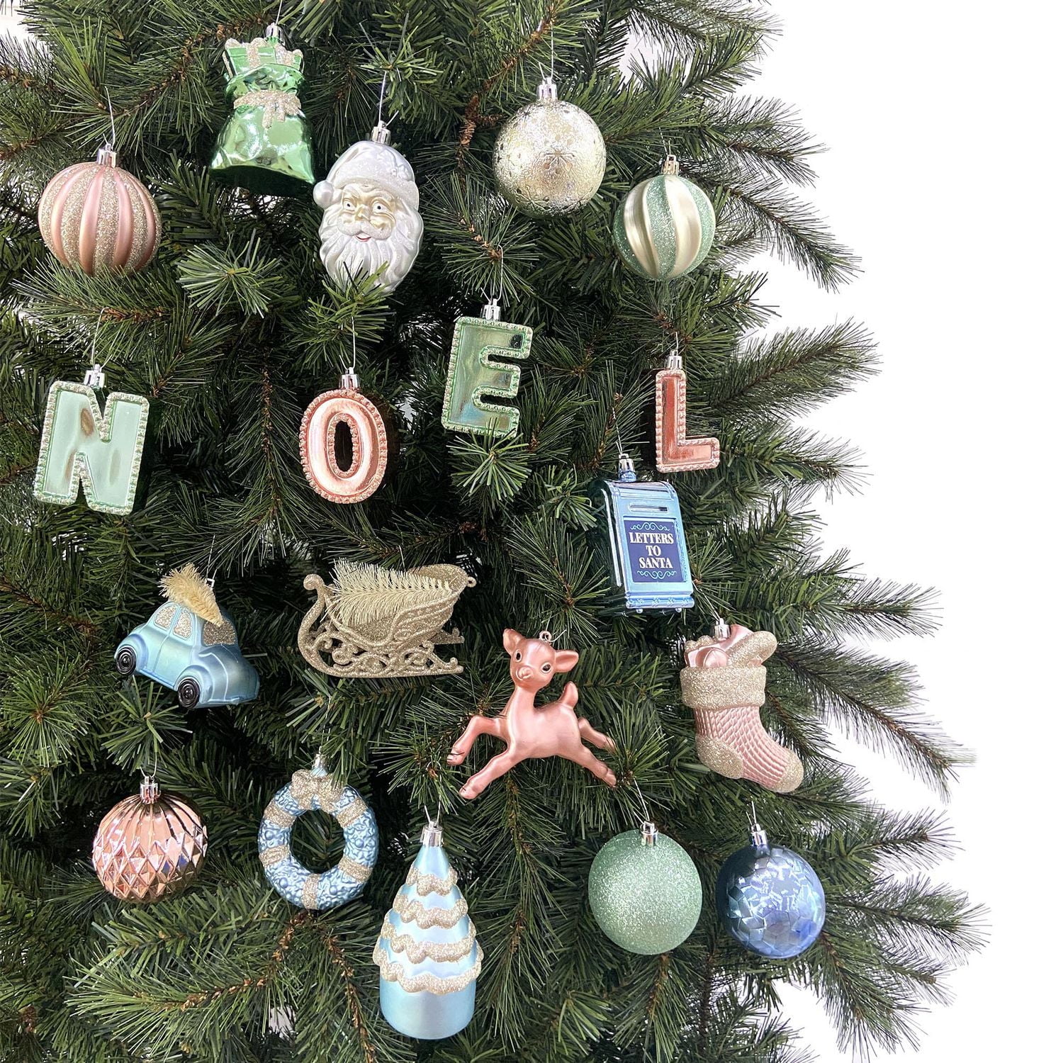 Holiday Time 50-Count Iconic Symbols of Christmas Shatterproof Christmas Ornaments, Champagne/Green/Tan/Blue, 50 pieces