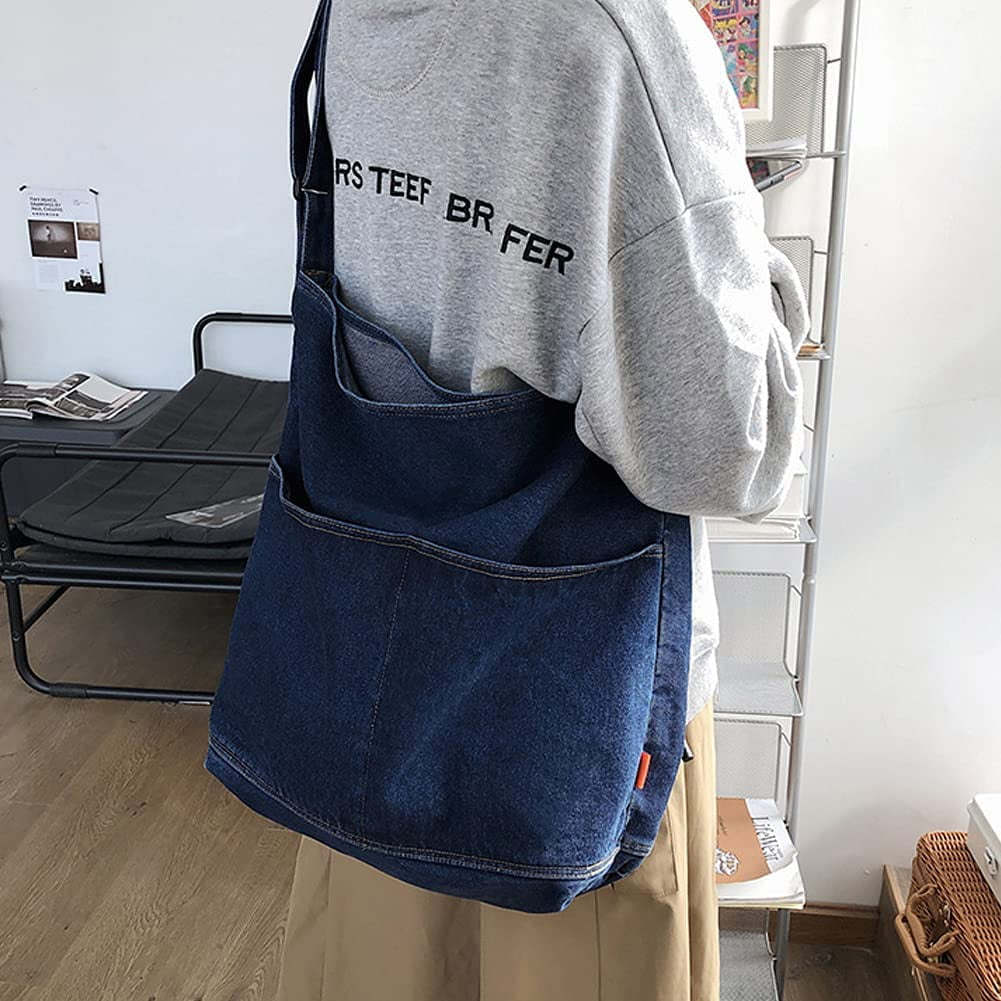 ROUROU Denim Shoulder Bag for Women Hobo Tote Bag Casual Canvas Bag Retro  Crossbody Bag Large Capacity Purse