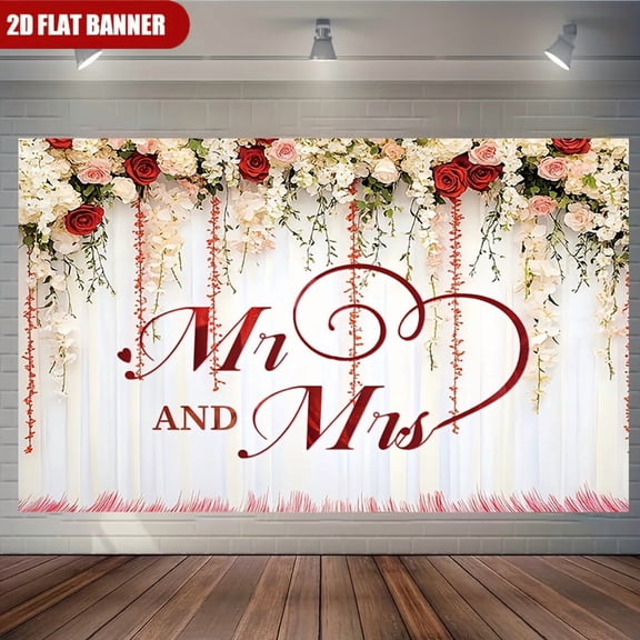Red White Floral Mr & Mrs Backdrop Couples Wedding Rose Bridal Shower Photography Background Bride and Groom Engaged Ceremony Anniversary Party Decorations Banner Supplies Photo Booth Props