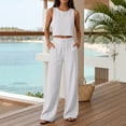 thumbnail image 3 of Textilo Cotton Linen Sets for Women 2 Piece Sleeveless Crewneck Crop Top and Wide Leg Drawstring Pants Elastic High Waisted Outfit Travel Lounge Summer Vacation Loose-Fit Walking Wear,White L, 3 of 6