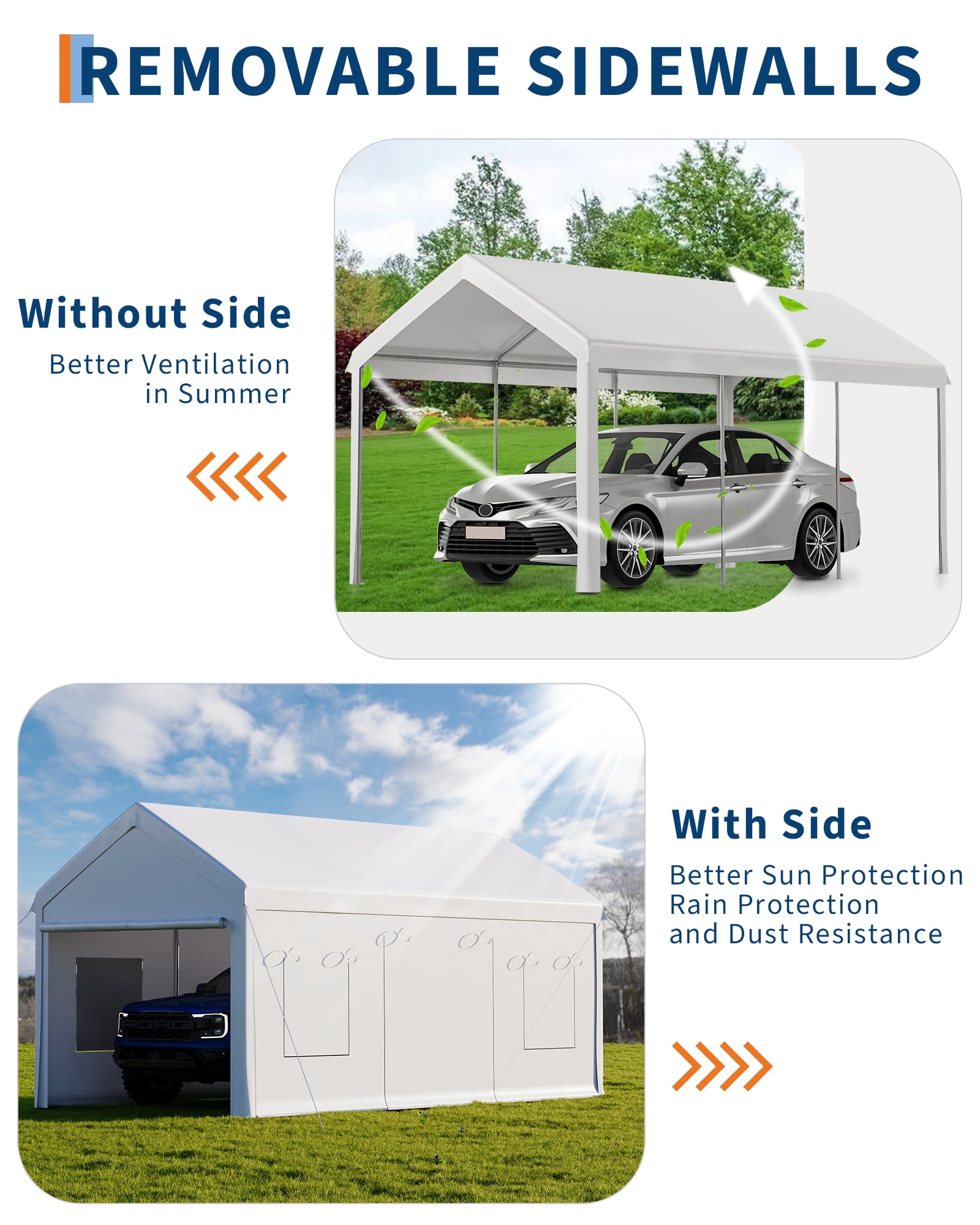 Kicctian 10x20 FT Carport, Portable Outdoor Garage, Waterproof UV-Resistant PE Canopy, with Roll-Up Doors & 4 Mesh Windows, Ideal for Car, Truck, Boat, White