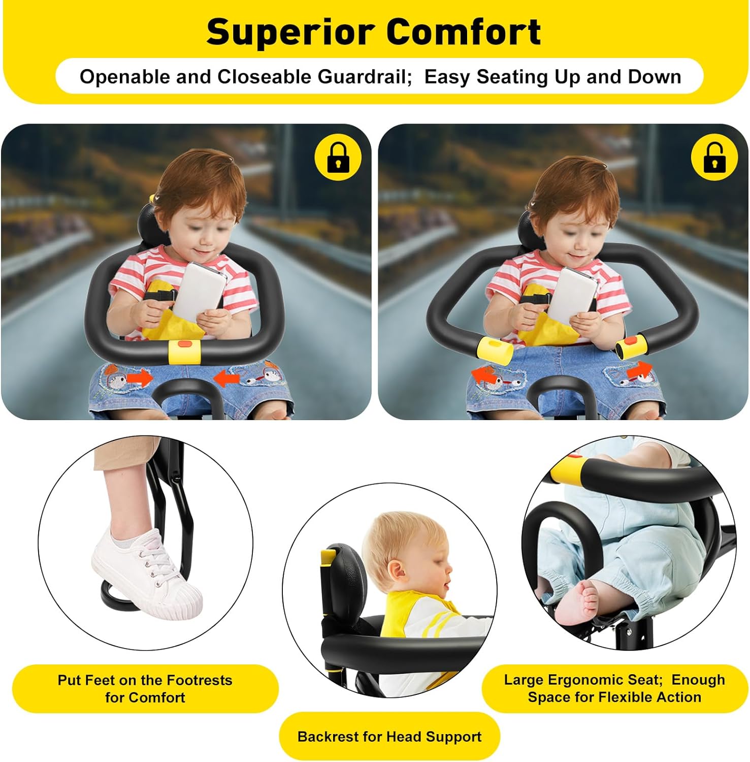 Kids Bike Seat Black Portable Position adjustable Baby Bike Seat Front Mount Toddler Child Bike Seat Suitable for 8 Months-6 Years Old Child Bicycle Seat for Adult Bike Mountain Bike Electric Bikes