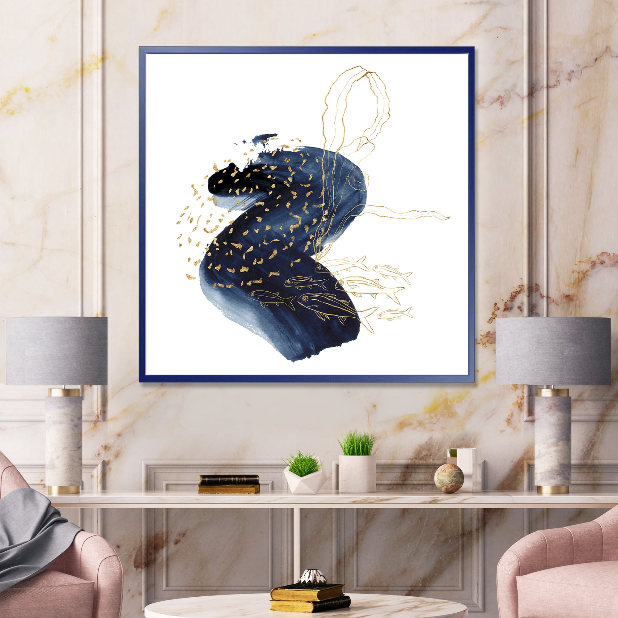 Designart 'Underwater Marine Life Classic Blue Square ' Farmhouse Framed Canvas Wall Art Print