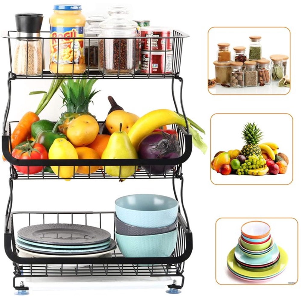 TEAFIRST 3 Tier Basket Cart, Stackable Metal Wire Baskets with Rolling Wheels Storage, Black