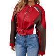 thumbnail image 2 of Womens Faux Leather Bomber Jackets Cropped Zip Up Color Block Fall Casual Moto Biker Coats, 2 of 7