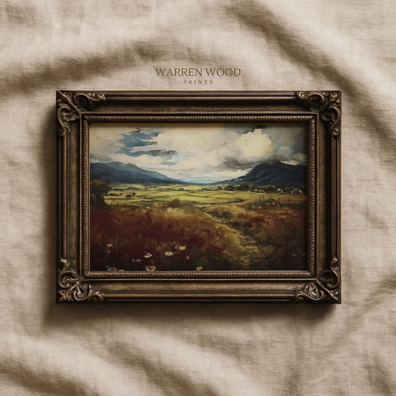 Moody Landscape Wall Art, Dramatic Countryside, Dark Green Hills, Stormy Sky Landscape, Red Wildflower Art, Vintage Style UNFRAMED Poster, Wall Art for Decor, Present, 8x12