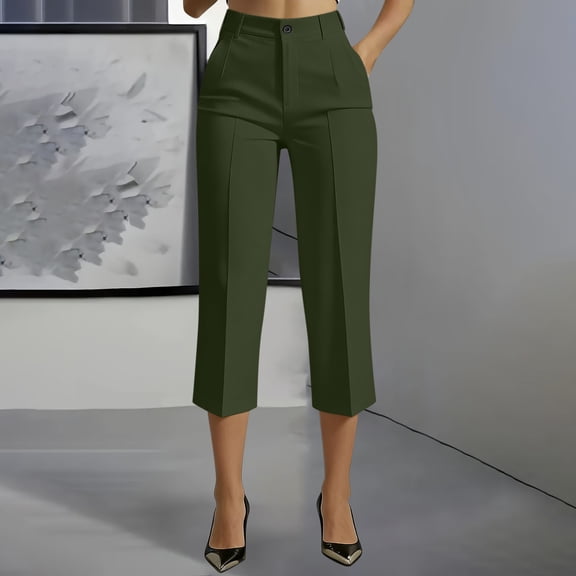 Cutuoiiu Women's Summer Breathable High Waist Capri Pants Solid Color Straight Leg Work Trousers with Pockets for Office, Daily Wear