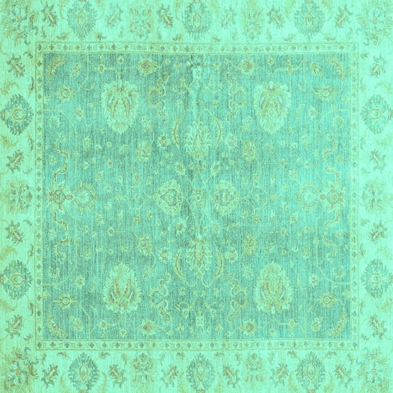 Ahgly Company Machine Washable Indoor Square Oriental Turquoise Blue Traditional Area Rugs, 3' Square