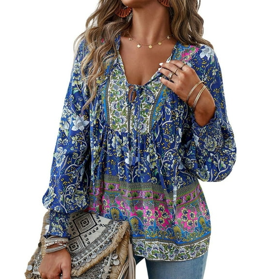 Defitshape Women's V Neck Floral Blouse Boho Top Long Sleeve Fall Lantern Sleeve Bohemian Soft Summer Holiday Fashion Shirt Navy Medium