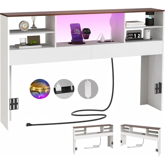 Headboard with Storage,Queen Headboard Only, Queen Size Head Board with LED Light USB & Type C Port,with Anti-Tipping Design,White Color and Walnut Countertop Headboards for Queen Size Bed