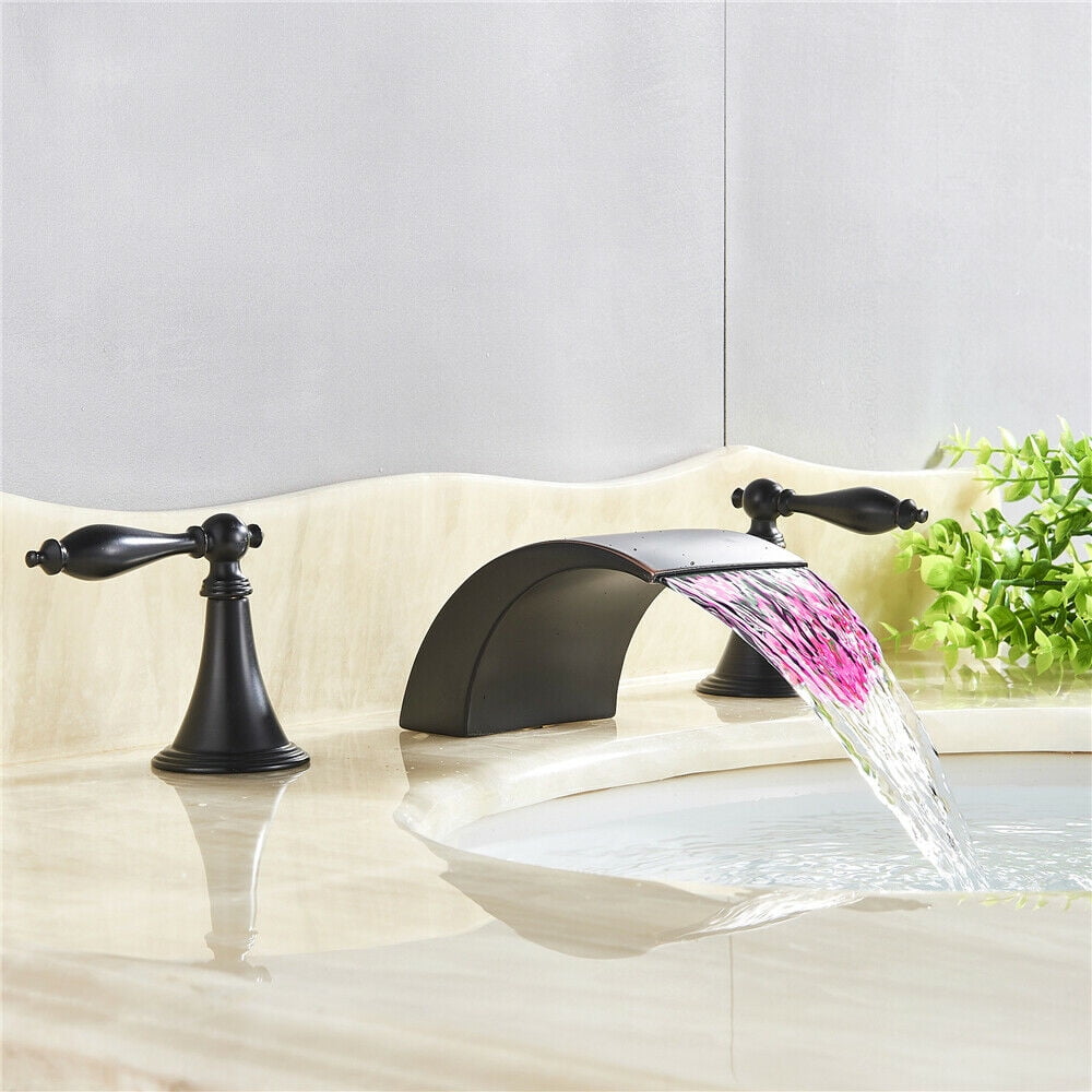 Widespread Bathroom Basin Faucet LED Waterfall Sink  Mixer Tap Oil Rubbed Bronze 