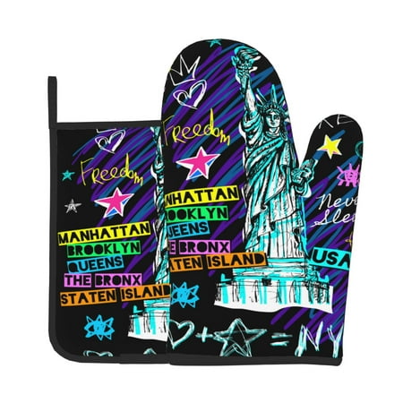 

Tebeau New York City Print Oven Mitts and Pan Racks 2-Piece Set Kitchen Oven Mitts and Pan Racks Heat Resistant 500 °F for Baking and Cooking