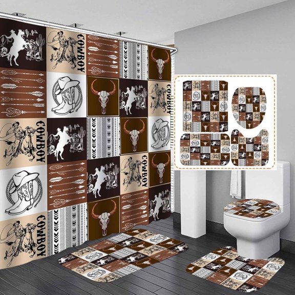 4PCS Western Shower Curtain Set, Rodeo Cowboy Boots Hat Horseshoe Barn Texas Star Wild West Country Rustic Farmhouse Bathroom Decor, Waterproof Fabric Shower Curtain, Non-slip Bath Mat