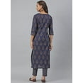 thumbnail image 6 of Jansaya Indian V-Neck 3/4 Sleeve Block Print Navy Blue Cotton Straight Kurta with Pant For Women, 6 of 8