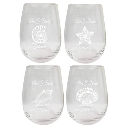 

Alex S Beach Florida Souvenir 9 Ounce Laser Engraved Stemless Wine Glass Shell Designs 4-Pack