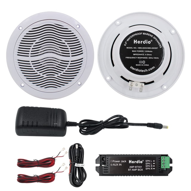 altavoces de techo bluetooth marinos herdio hms-6005wbtb 120w par de altavoces empotrados blancos, vista frontal de rejilla ondulada y vista trasera con etiqueta Herdio, incluye caja amplificador digital negra, adaptador 12V y cables; diámetro de corte 5.31" (135 mm) y profundidad de montaje 2.48" (63 mm), Bluetooth hasta 10 m; también aptos para audio en embarcaciones, RV o bañera de hidromasaje.