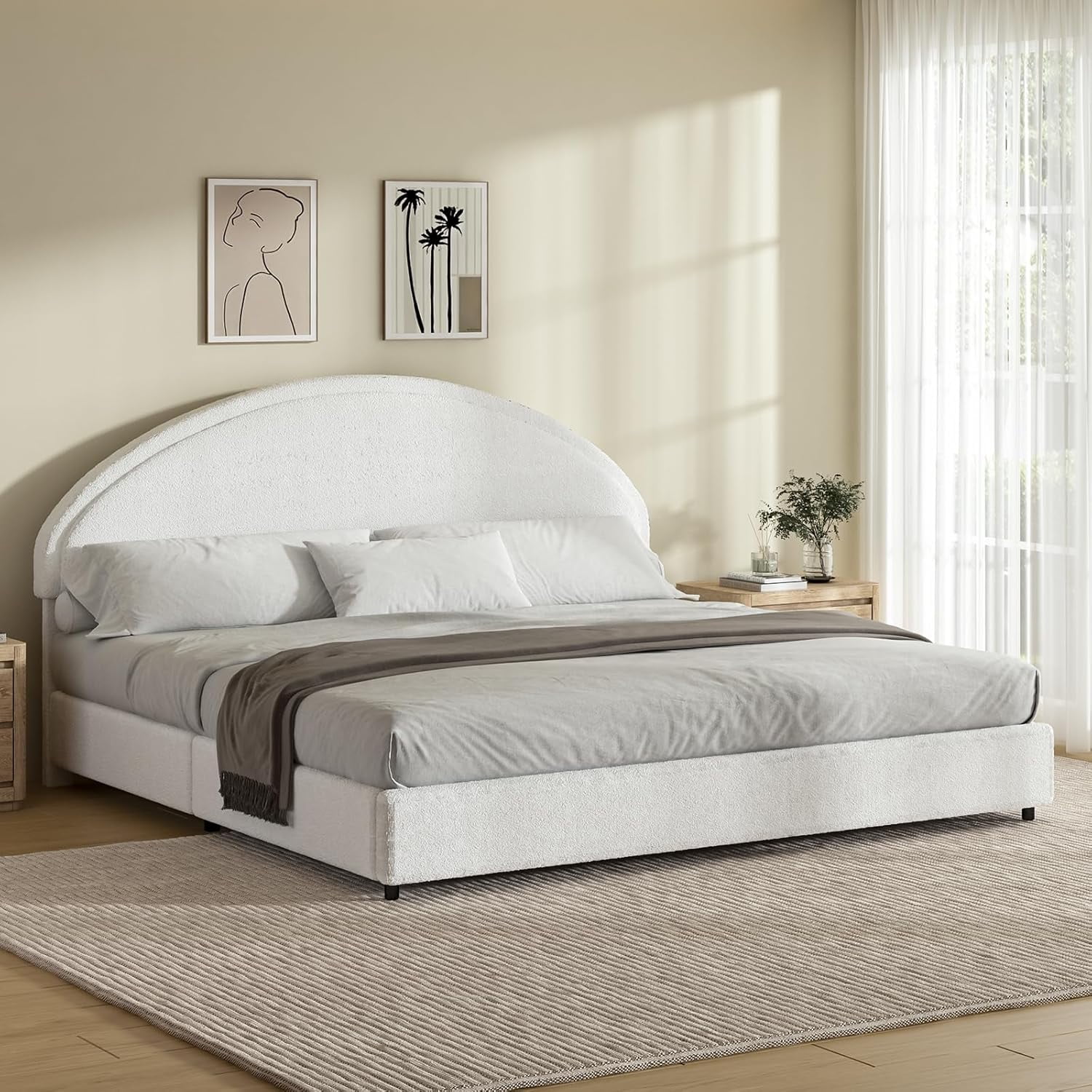 4 EVER WINNER Twin Size Bed Frame, Boucle Upholstered Bed Frame with Headboard, White Twin Bed Frame, White