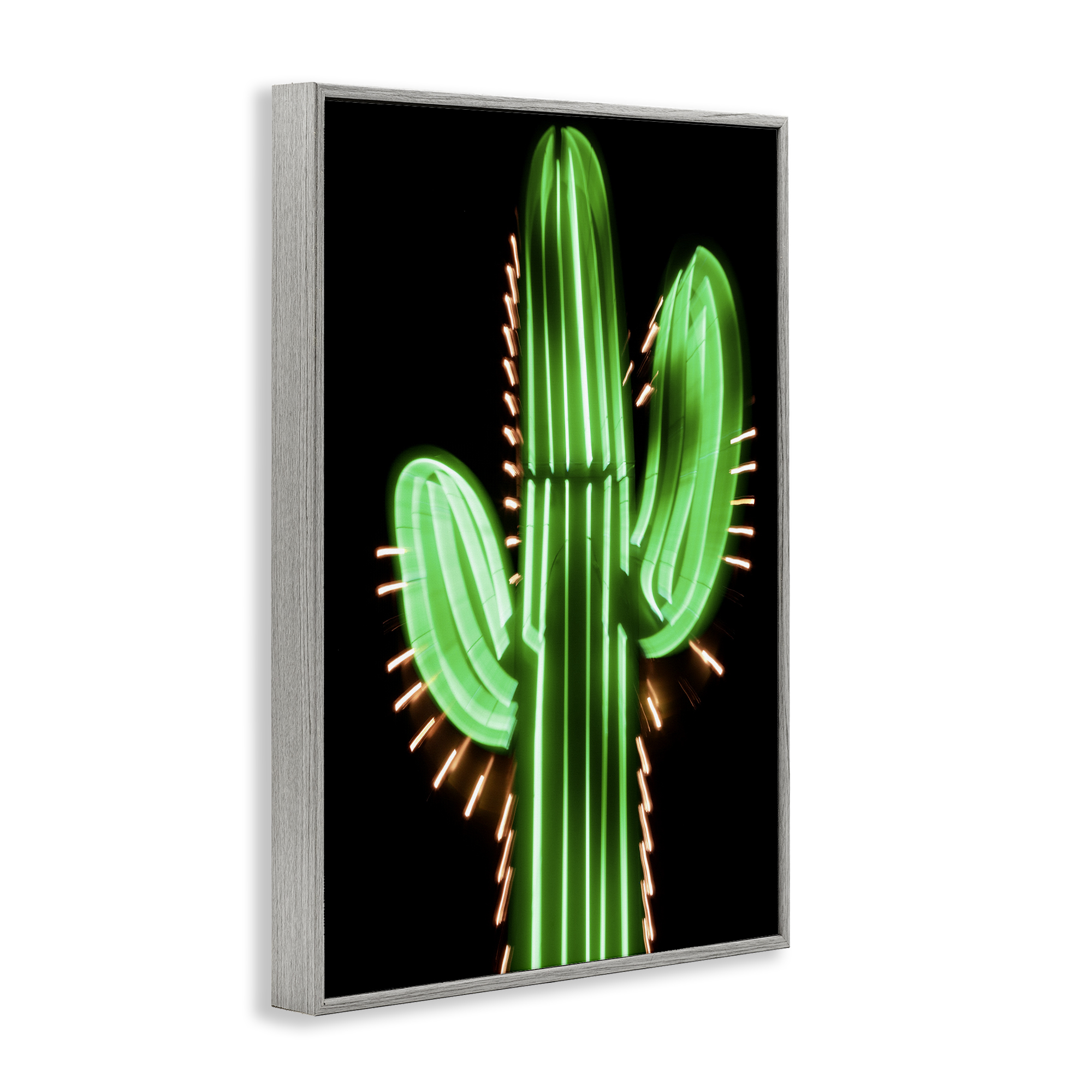 Stupell Industries Neon Lights Cactus Botanical & Floral Painting Gray Framed Art Print Wall Art, 16 x 24