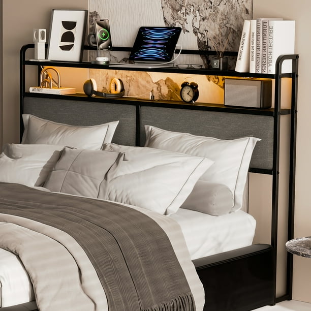 FABATO Cabecera Queen Size - con Luces LED RGB y Puertos USB Tipo C ? Cabecera de Lino Acolchonada con 2 Estantes - Perfecta para Cama Queen Size (Gris)