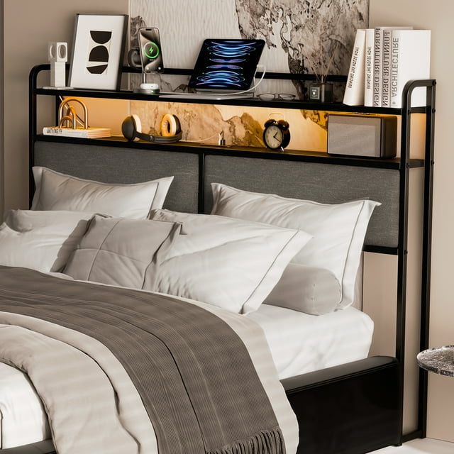 FABATO Cabecera Queen Size - con Luces LED RGB y Puertos USB Tipo C ? Cabecera de Lino Acolchonada con 2 Estantes - Perfecta para Cama Queen Size (Gris)