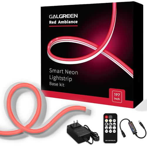 Galgreen Neon Rope Lights, 16.4ft Rope Lights with Dimmable Remote and Adapter, Waterproof Flexible Smart Led Strip Lights for Bedroom, Super Bright, DIY Neon Sign, Indoors Outdoors Wall Decor, Red