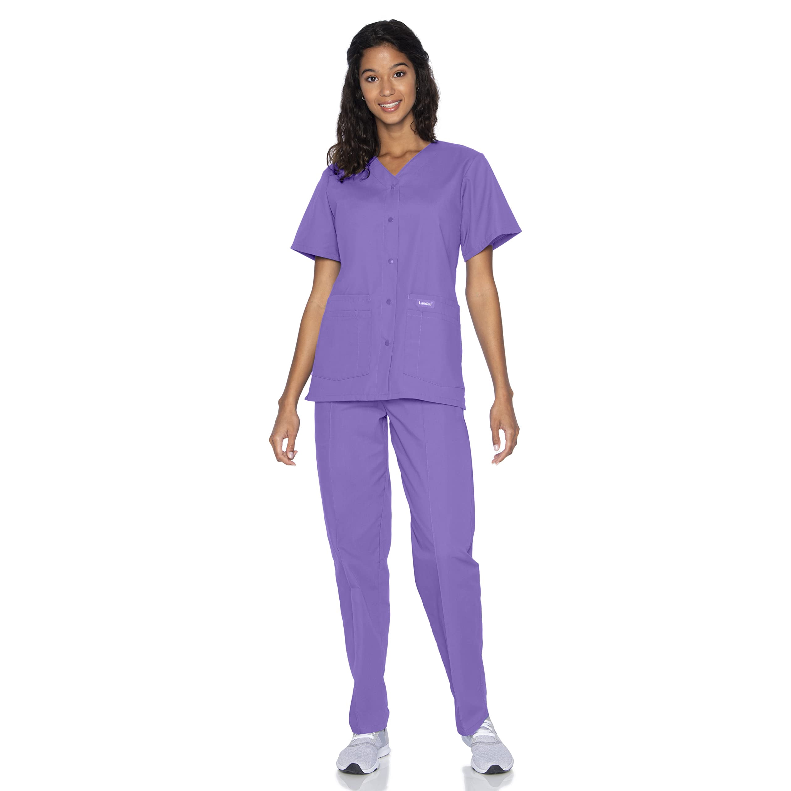 Landau Women's Essentials Snap Front Scrub Top, Classic Relaxed Fit, V-Neck, 4 Pockets