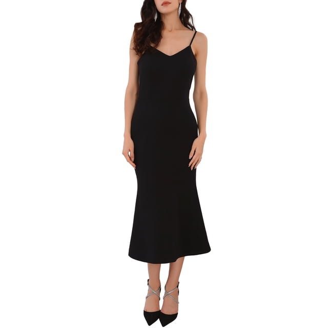 INSPIRAR CHIC WOMLAYOUT Vestidos Bodycon Sin Mangas para Mujeres con Tirantes de Espagueti y Volantes para Fiesta Midi M Negro