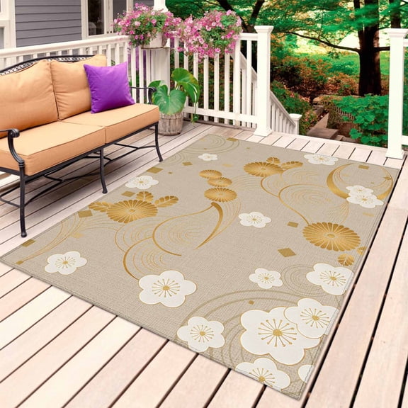 Yellow Flower Outdoor Rug 3x5 Ft, Non Slip Washable Area Rug, Japanese Style Floral Leaf on Linen Patio Rugs Carpet Runner, Large Floor Mat for Indoor/Outdoor Deck Porch Camping