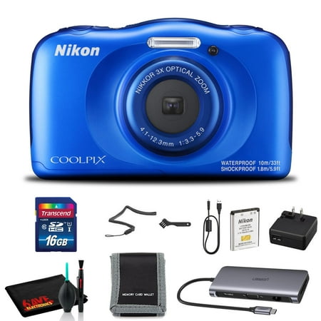 Nikon COOLPIX W100 Digital Camera (Blue) with 16GB SD Memory and Cleaning Kit