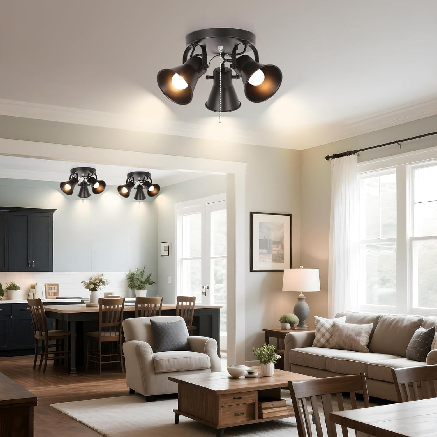 KEESFU 3-Light Track Lighting with Pull Chain, Adjustable Ceiling Spotlight with Extended Cord, Modern Industrial Flush Mount Light for Kitchen Garage Pantry