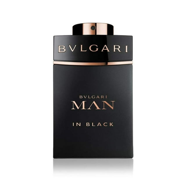 perfume bvlgari man in black eau de parfum 150 ml para hombre botella negra mate rectangular con tapa cilíndrica y anillo metálico oro rosa, logo BVLGARI en la parte superior y texto MAN IN BLACK en el frente, 150 ml (5 oz).