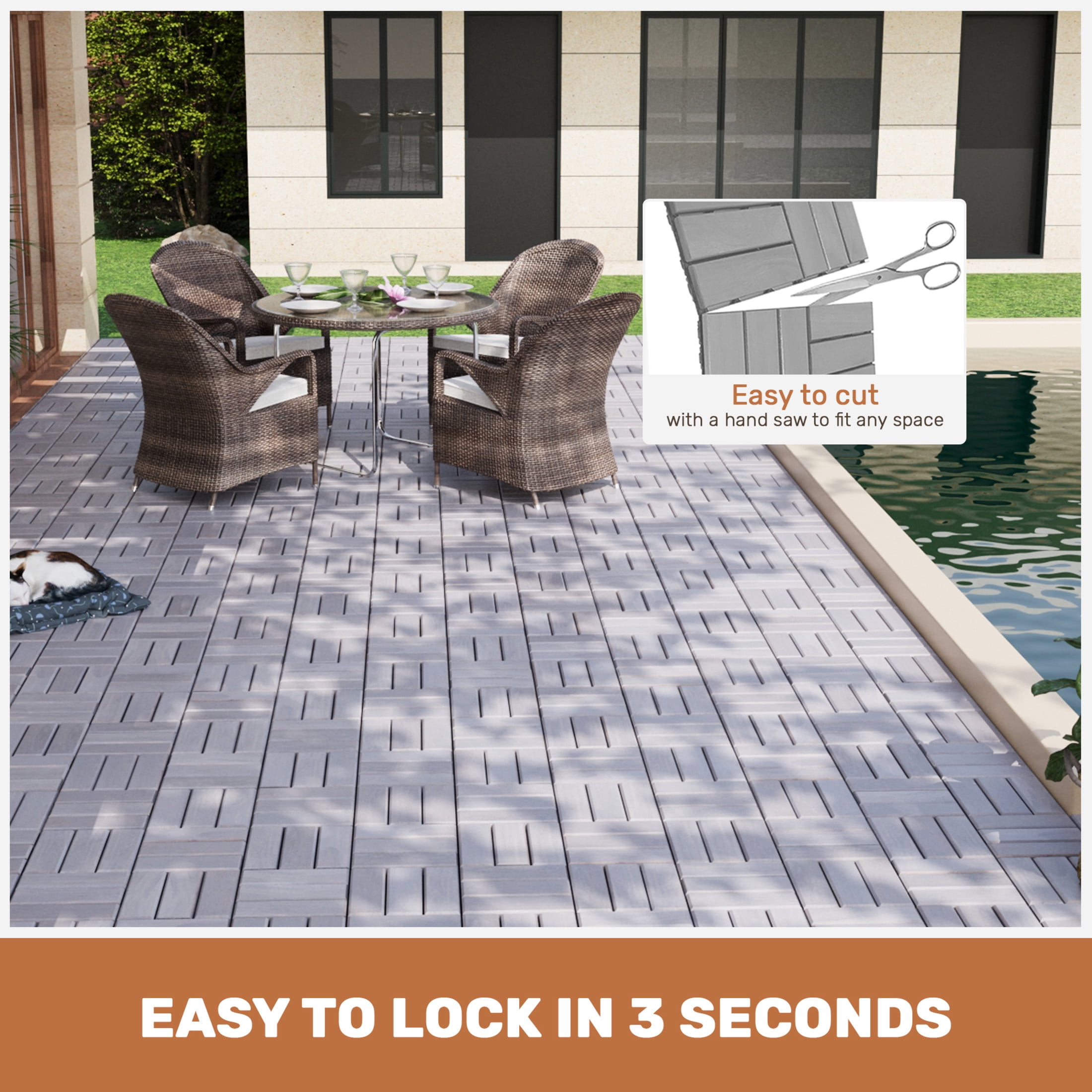 Noble House 12" Checker Acacia Wood Interlocking Deck Tiles, All-Weather Hardwood Patio Flooring, Light Gray, 30 PCS