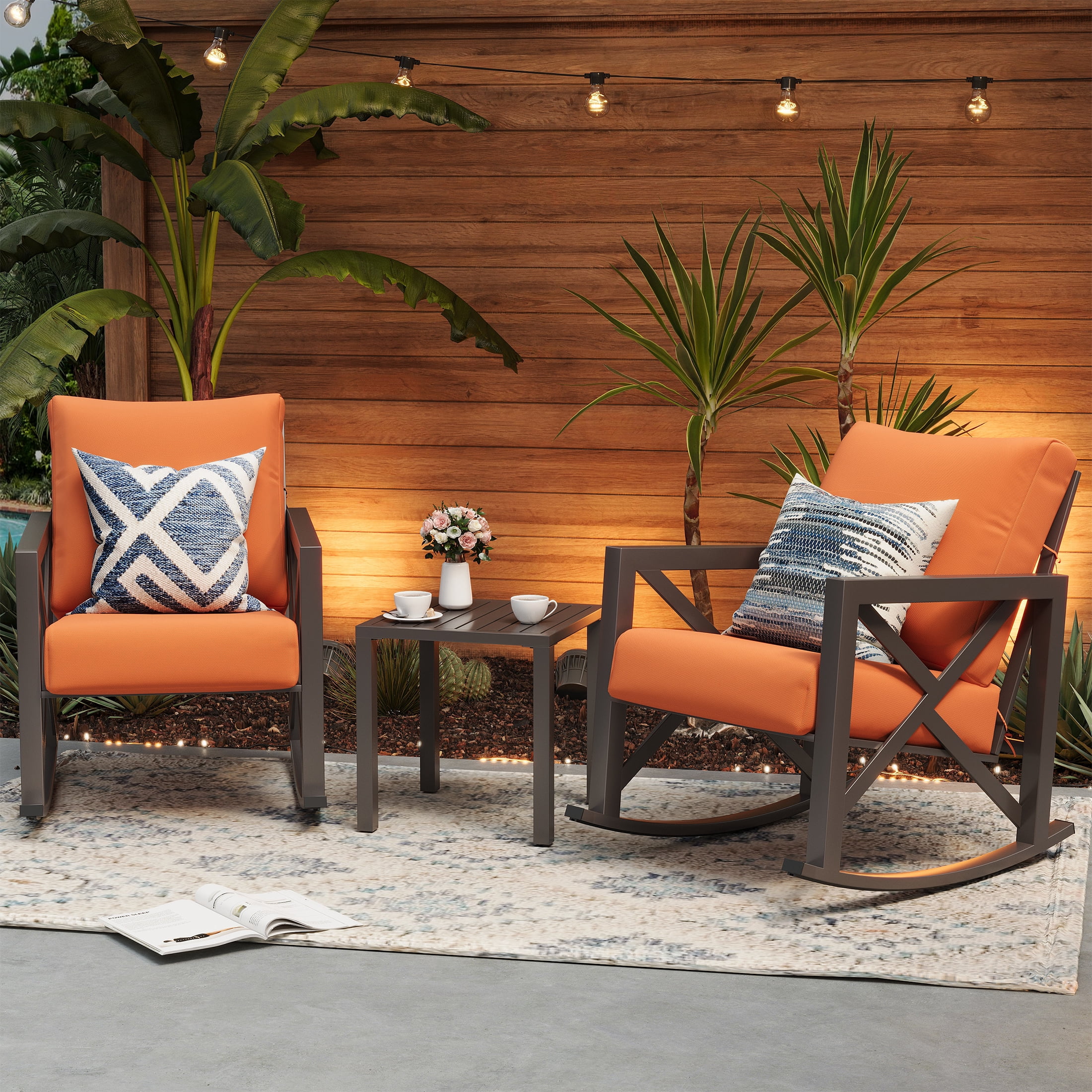 UDPATIO Rocking Chair Bistro Set, 3 Piece Outdoor Patio Furniture Set with 2 Rockers and 1 Metal Coffee Table with Thick Cushions for Porch, Backyard, Poolside, Orange