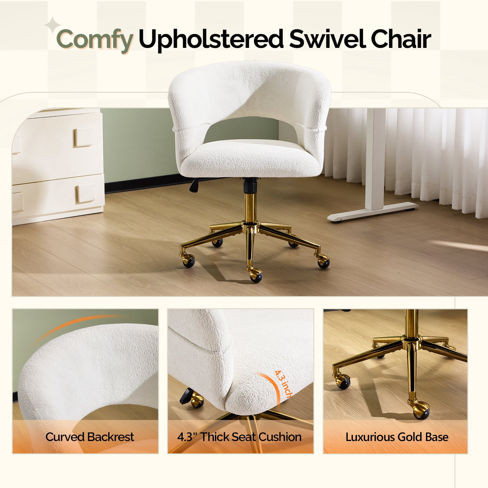 UBesGoo Modern Swivel Accent Chair, Flannel Makeup Vanity Chair, Highly Adjustable Desk Chair for Living Room Dorm Office, White