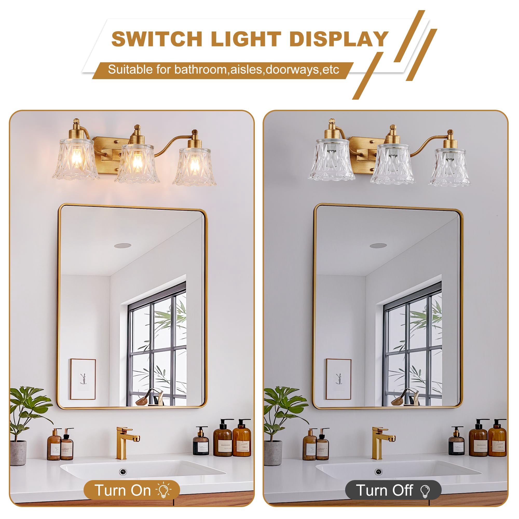 22" Gold Bathroom Light Fixture  3 Brass Vintage Vanity Antique Finish With Crystal Glass Shade Suit For Bedroom Or Hallway