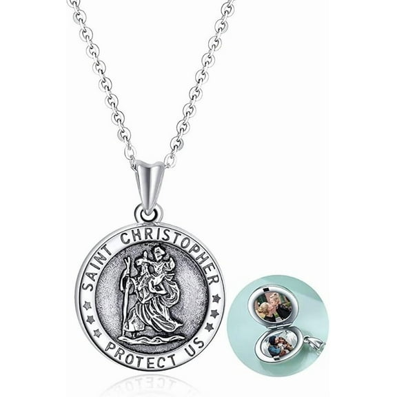 Sterling Silver Saint Christopher Necklace/Locket Necklace that Holds Pictures for Women Mom Daughter Birthday Gifts