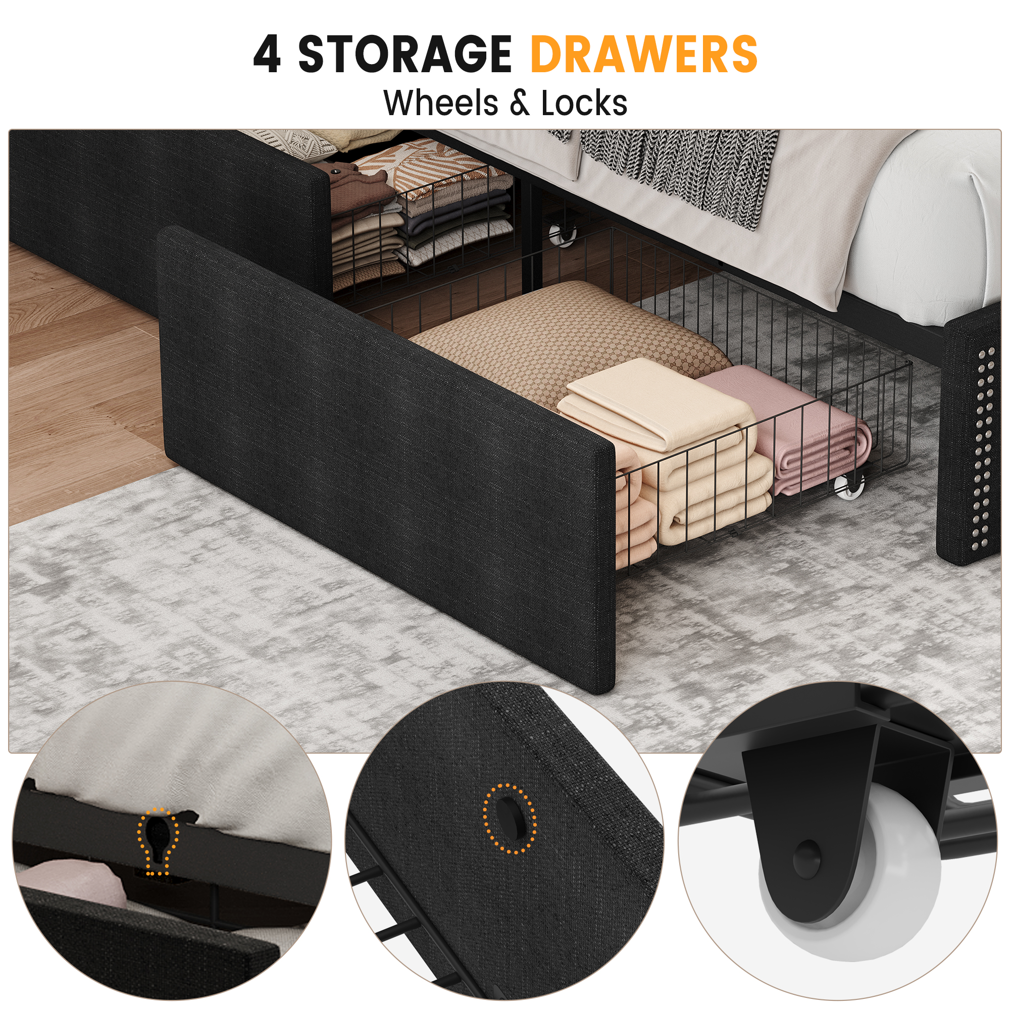 JoanKaren Full Bed Frame,Luxury Upholstered Platform Beds with Charging Station,4 Storage Drawers&Adjustable Headboard,Easy Assembly,Black