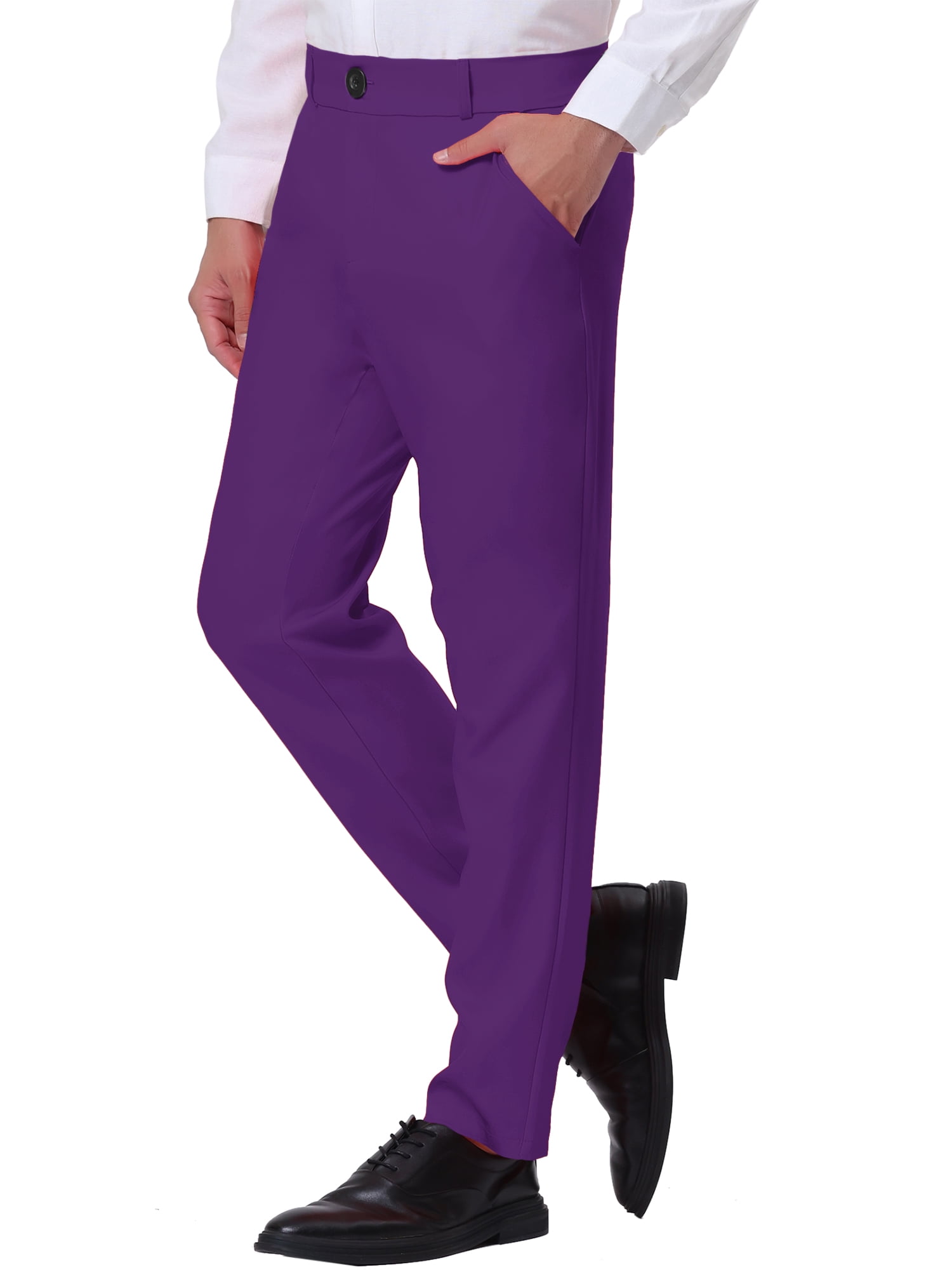Unique Bargains Men's Business Pants Classic Fit Solid Color Suit Trousers with Pockets 38 Purple