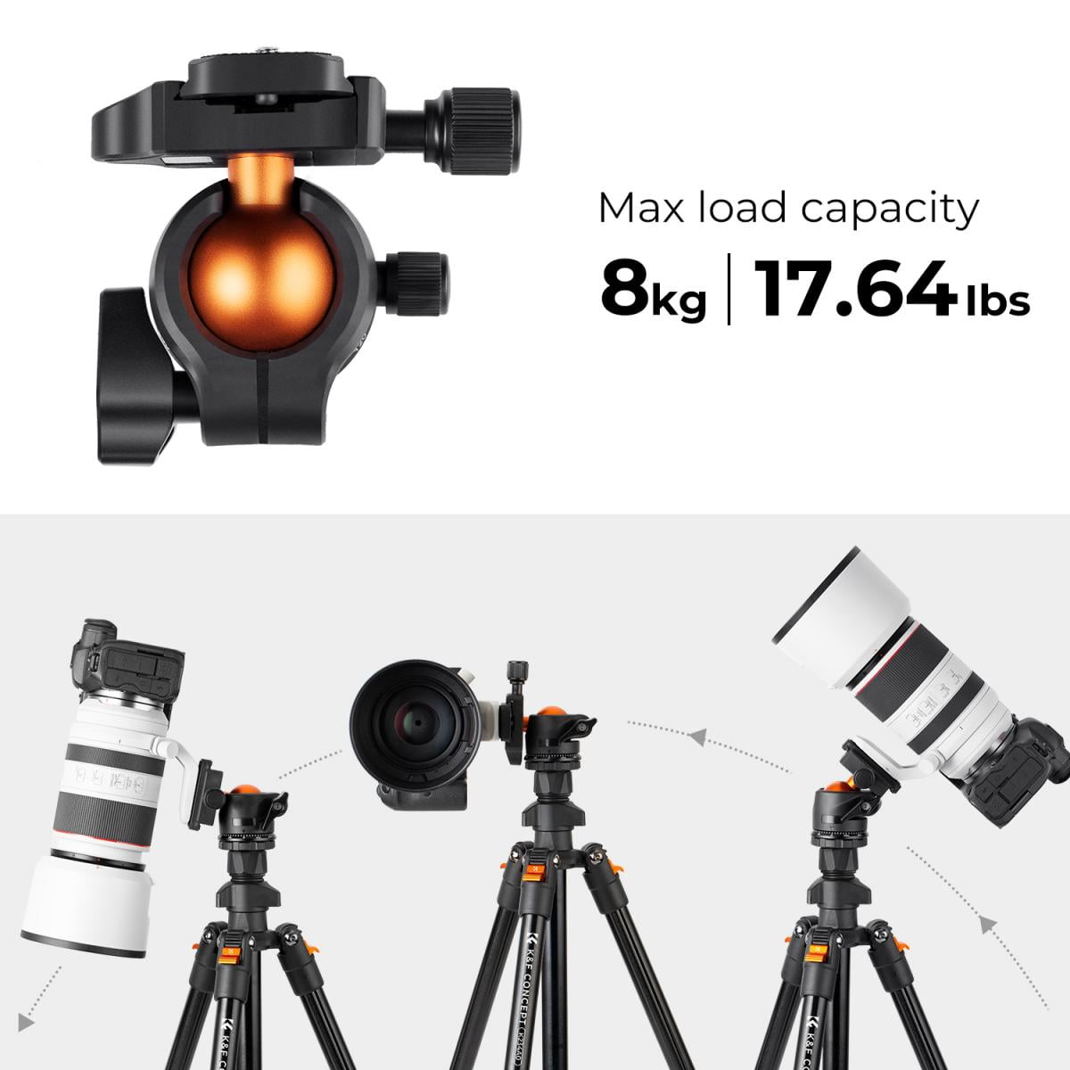 K&F Concept 64" Lightweight Aluminum Camera Tripod, 17.6lbs/8kg Load Compact Vlog Travel Tripod with 360 Degree Ball Head for DSLR Cameras