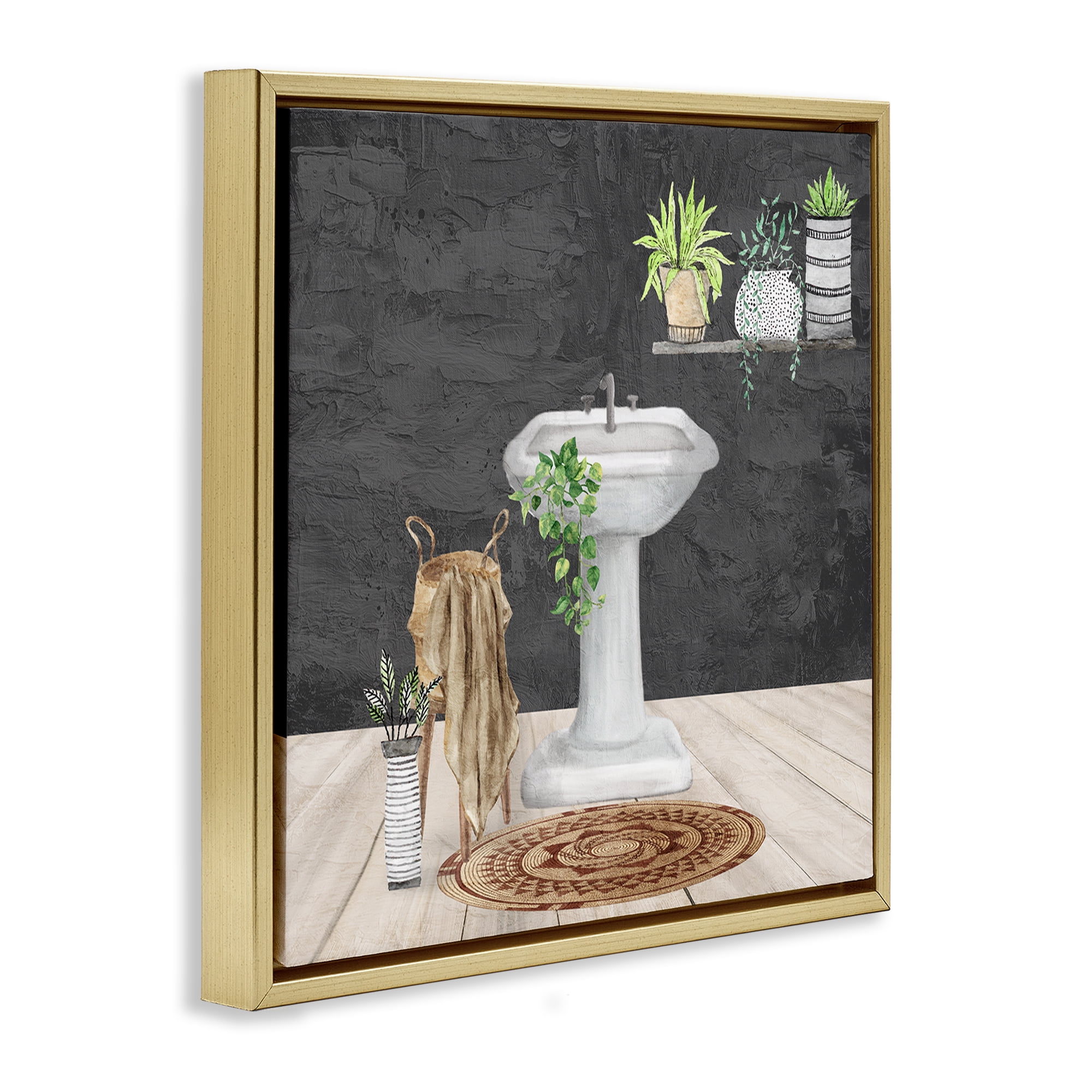 Stupell Industries Relaxing Bathroom View Bath & Laundry Painting Gold Floater Framed Canvas Art Print Wall Art, 18 x 18