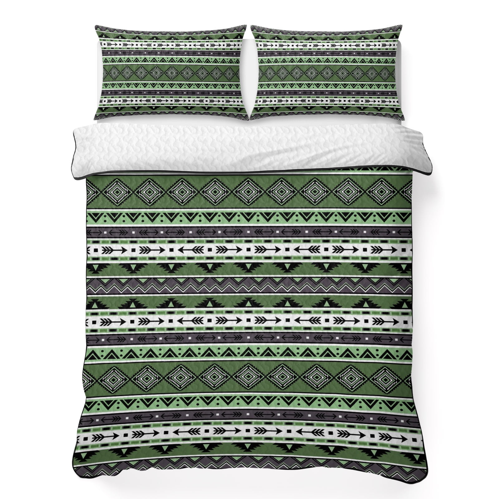 Quilts Twin Size Bedding Set Green Black Boho Lightweight Quilted Comforter Vintage Tribal Striped Southwestern Soft Reversible Bedspread Coverlet with Pillow Covers for All Season 68 x 86