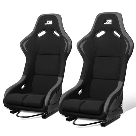 J2 Engineering Pair Universal Bucket Racing Seats Black Grey Fiberglass Ergonomic Design with Side Mount Brackets