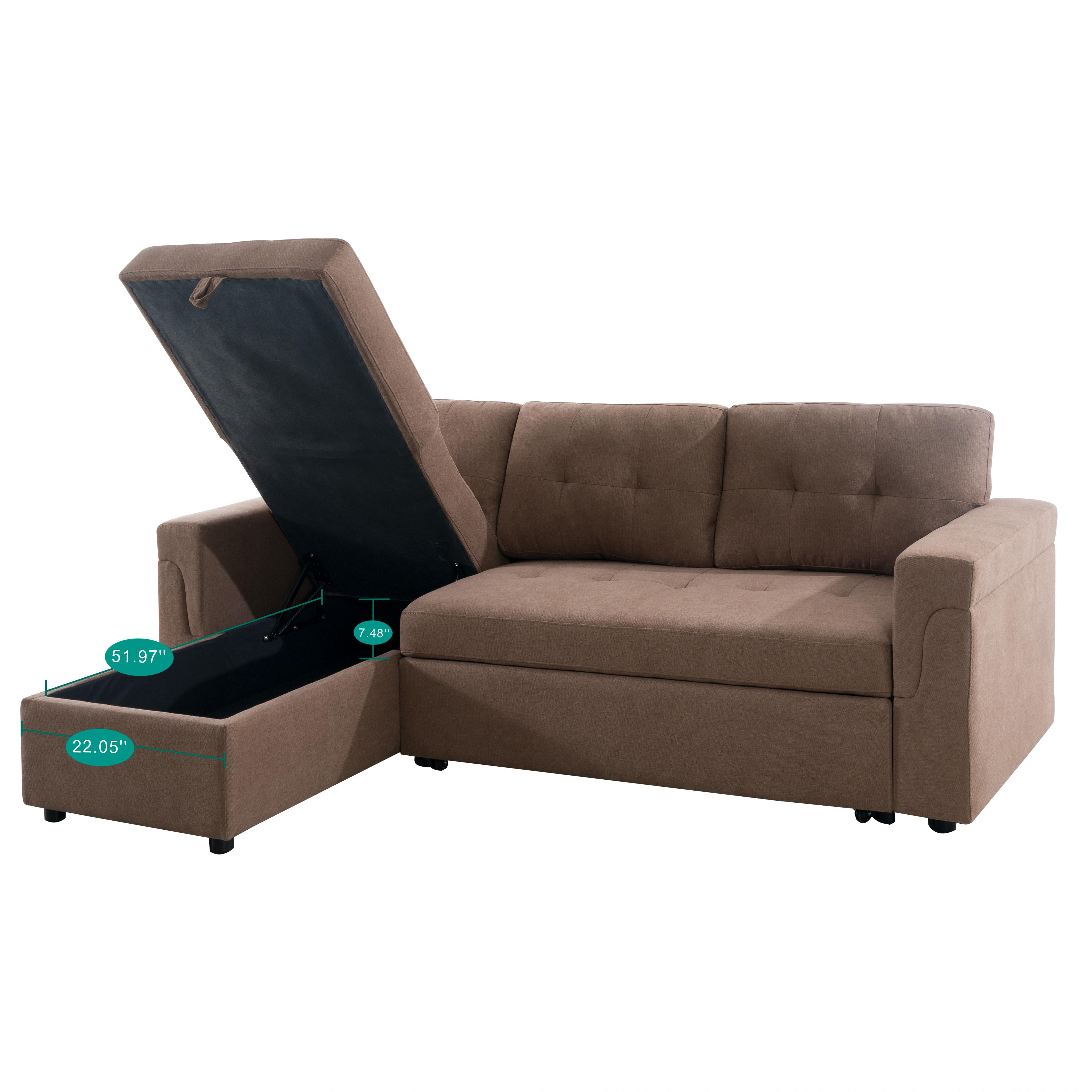 78 in. W Convertible Sleeper Sectional Sofa, L Shaped Couch for Small Space Living Room, Storage Chaise, L Shaped Pull Out Sofa -Color:Mocha,Fabric:Velvet